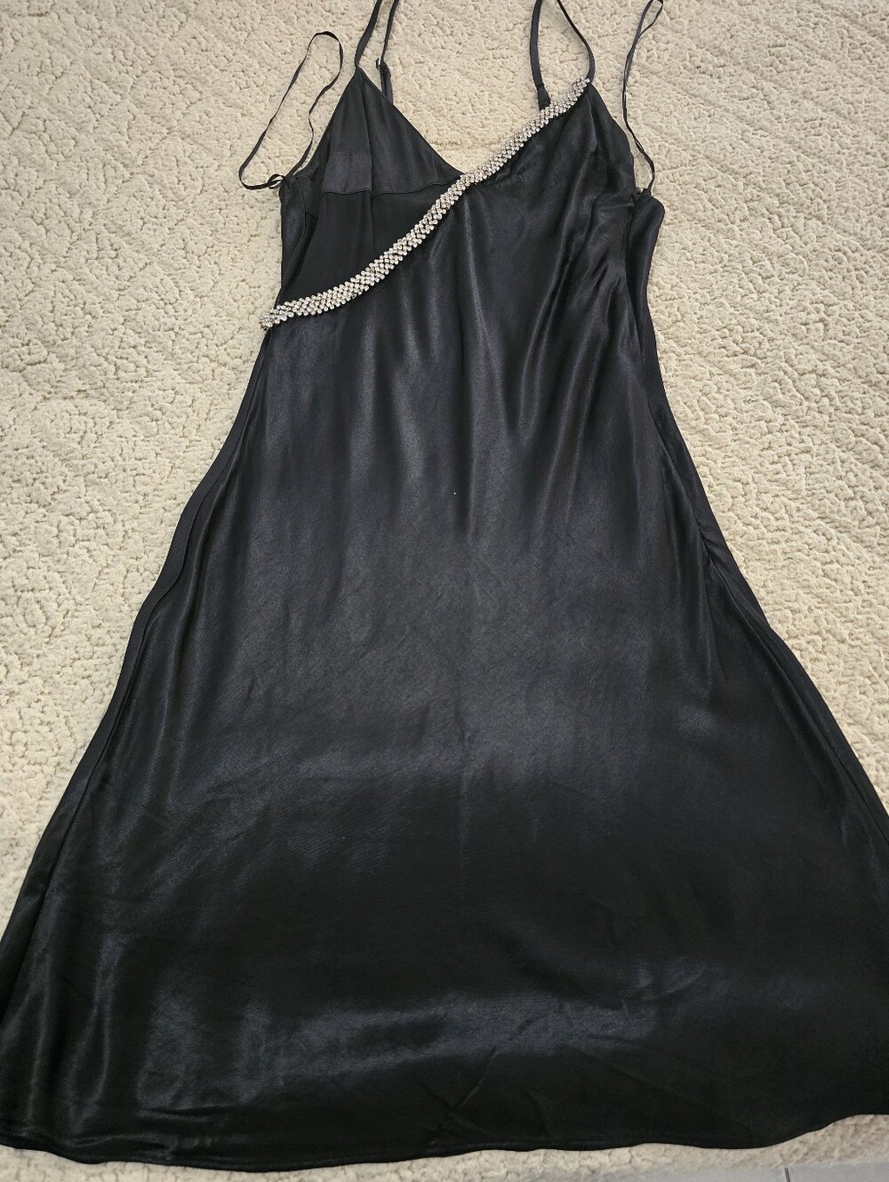 Zara Black Satin Slip Dress with Crystal-Embellished Strap